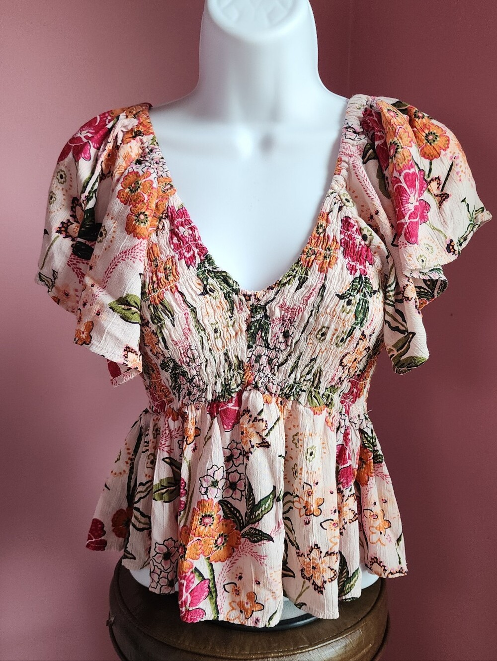 Angie Pink Floral Smocked Babydoll Top Flutter Sleeves Garden Fairy Y2K Coquette